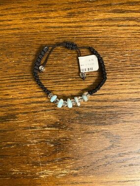 Black Woven Macrame Adjustable Sliding Knot Bracelet Light Blue Beads
